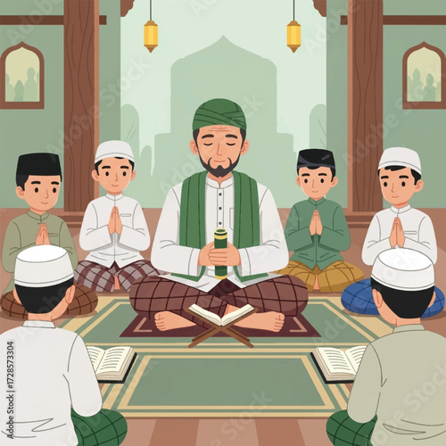 An Islamic teacher, or ustad, leading a group of young boys in prayer or Quranic study inside a mosque.