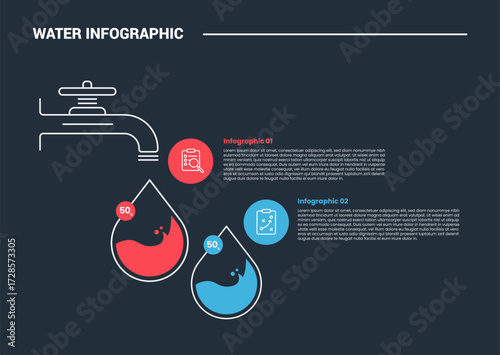 Fresh water infographic process diagram with water tap faucet with comparison content with dark background bright outline style 2 points