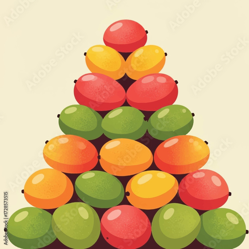 A colorful pyramid stack of fresh red, yellow, orange, and green mangoes arranged in a neat pile.