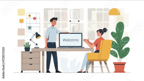 Two people collaborating in a modern office workspace with a laptop displaying the word welcome on screen