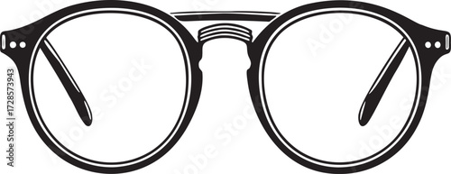 Black and white graphic of round eyeglasses with thick frames spectacles eyewear