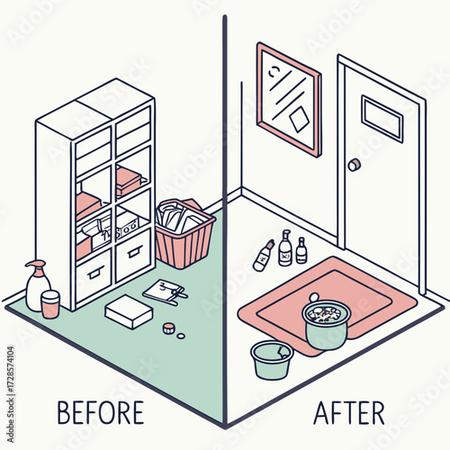 Dirty and clean room. Room before and after cleaning. Flat graphic, vector illustration