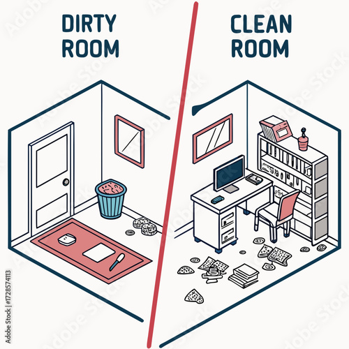 Dirty and clean room. Room before and after cleaning. Flat graphic, vector illustration