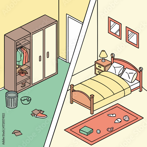 Dirty and clean room. Room before and after cleaning. Flat graphic, vector illustration
