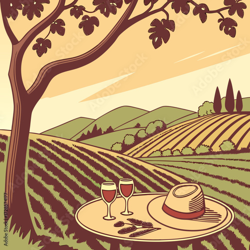 Stylized vineyard scene with wine glasses and hat, warm tone vector
