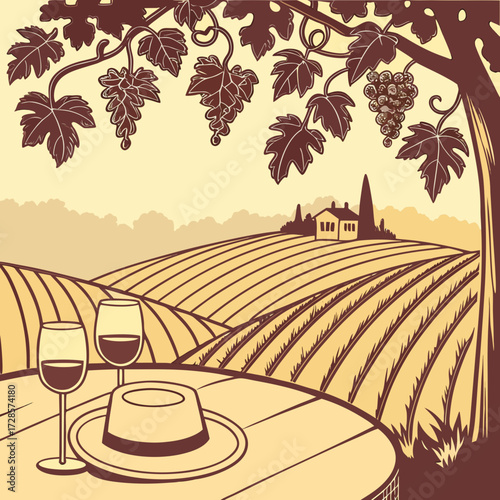 Stylized vineyard scene with wine glasses and hat, warm tone vector