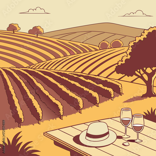 Stylized vineyard scene with wine glasses and hat, warm tone vector
