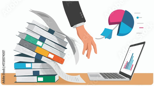 Business professional analyzing financial data and charts on a laptop next to a tall stack of documents and binders