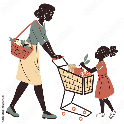 Fatherhood and child care a mother and daughter are shopping with a basket from the supermarket. With a cart full of groceries. Mom and daughter are buying food. Symbols on a white background.