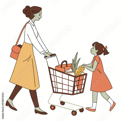 Fatherhood and child care a mother and daughter are shopping with a basket from the supermarket. With a cart full of groceries. Mom and daughter are buying food. Symbols on a white background.