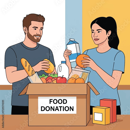 A compassionate couple volunteering, putting fresh groceries and food items into a cardboard donation box for charity.