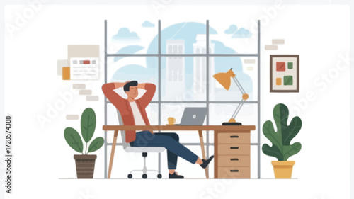 A relaxed man sits at his desk in a modern office with plants and a large window overlooking a cityscape