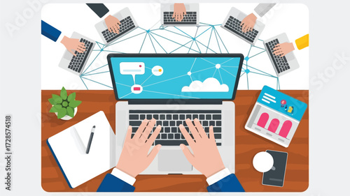 Top view of a person s hands typing on a laptop surrounded by a network of connected people working together remotely on a project