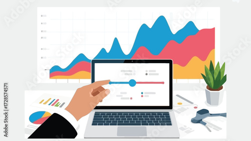 Business analyst using a laptop to review financial data charts and graphs on a desk with a plant and office supplies