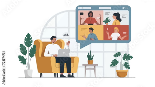 Man working remotely on laptop in comfortable armchair during video conference call with colleagues at home