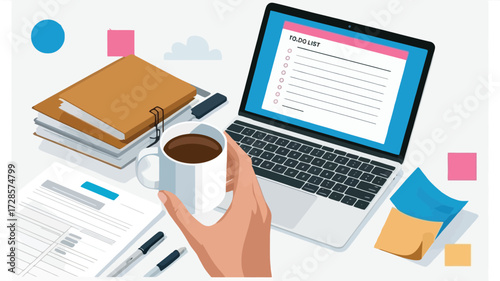 Overhead view of a person s hand holding a coffee cup next to a laptop displaying a to do list and study materials