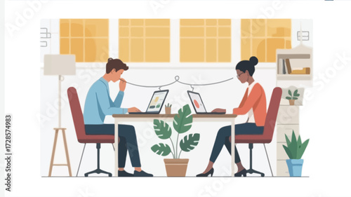 Two diverse professionals working on laptops at a shared desk in a modern office with plants and natural light