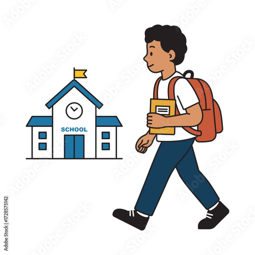 Happy Student Walking to School. School Character  with Backpack and Book.