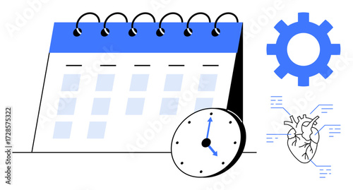 Calendar with spiral binding, clock showing time, gear for work processes, and heart diagram indicating health metrics. Ideal for organization, productivity, scheduling, health tracking, workflow