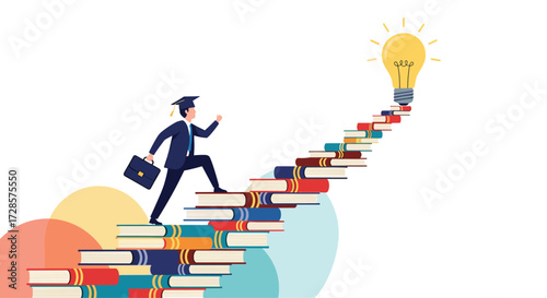 A student climbs a staircase made of books towards a bright idea lightbulb.