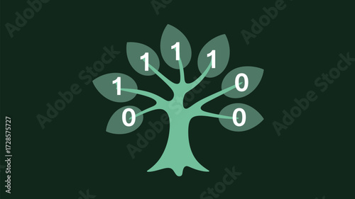 Digital tree with binary code leaves representing growth and technology in a dark green background
