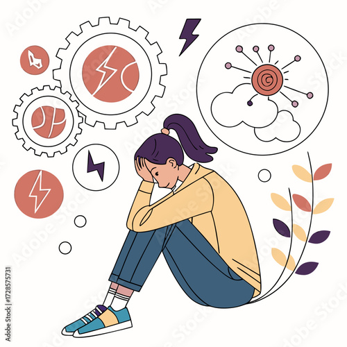 Frustrated young woman suffers of mental health diseases. Mental disorder vector flat illustration. Girl surrounded by symptoms of depression disorder: anxiety, crisis, exhaustion, nervous problems.