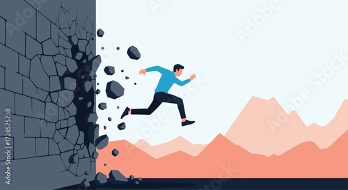Man breaking through a wall to reach a new horizon.
