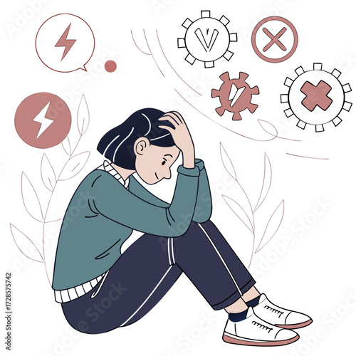 Frustrated young woman suffers of mental health diseases. Mental disorder vector flat illustration. Girl surrounded by symptoms of depression disorder: anxiety, crisis, exhaustion, nervous problems.