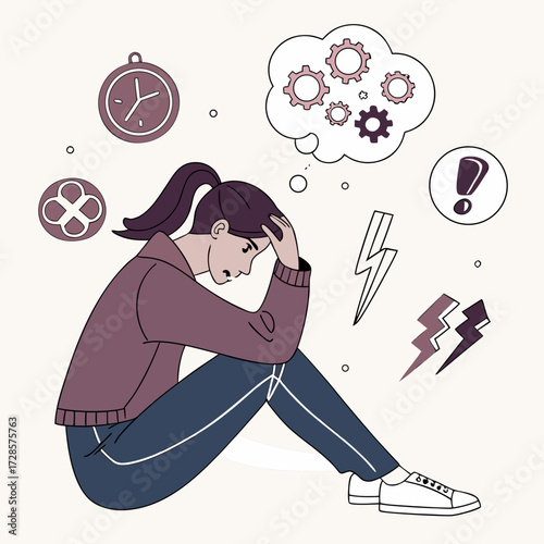 Frustrated young woman suffers of mental health diseases. Mental disorder vector flat illustration. Girl surrounded by symptoms of depression disorder: anxiety, crisis, exhaustion, nervous problems.