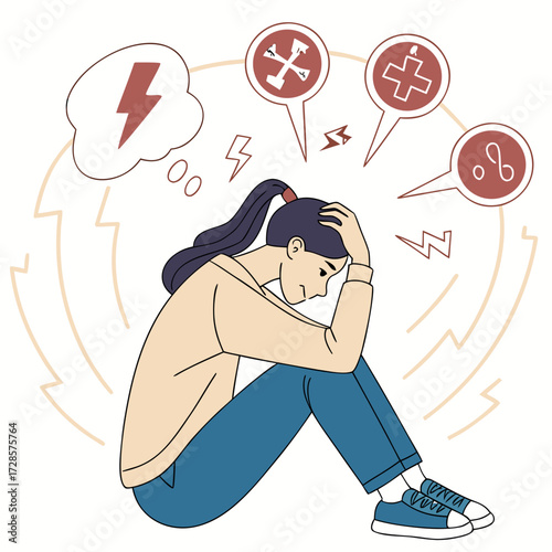 Frustrated young woman suffers of mental health diseases. Mental disorder vector flat illustration. Girl surrounded by symptoms of depression disorder: anxiety, crisis, exhaustion, nervous problems.