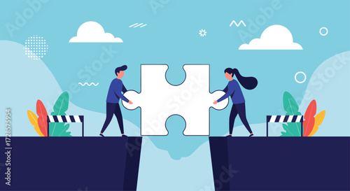 Two people connecting a large puzzle piece over a gap.