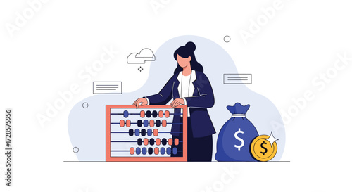 A woman calculating financial data with an abacus and money bag.