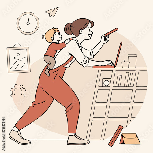 mother carrying baby while working Illustrator Artwork design template poster