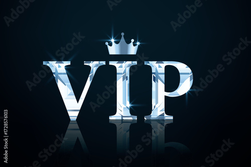 Elegant silver VIP Text with Crown on dark blue Background. Very important person - VIP silver icon with a crown. eps 10 vector
