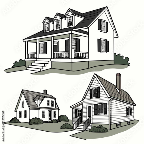 3 Pieces of Cape Cod style Houses designs, Cape Cod style Houses illustration art