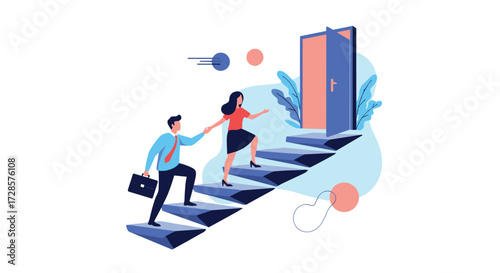 Helping business people climb stairs towards opportunity and success.