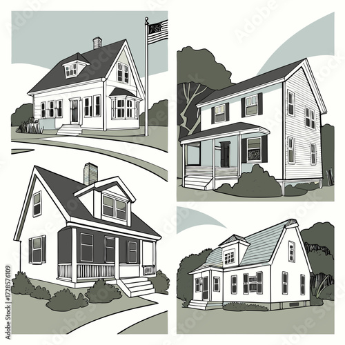 3 Pieces of Cape Cod style Houses designs, Cape Cod style Houses illustration art