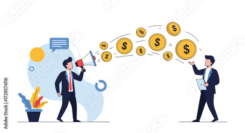 Businessmen communicating and money flowing between them.