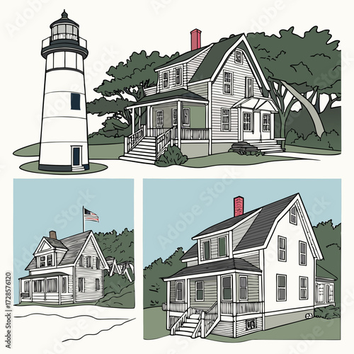 3 Pieces of Cape Cod style Houses designs, Cape Cod style Houses illustration art