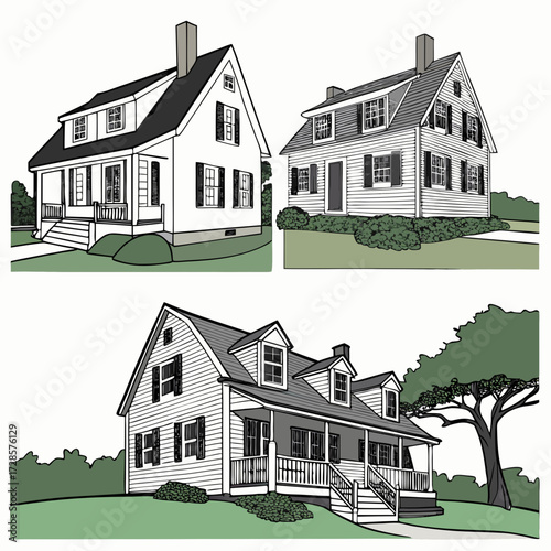 3 Pieces of Cape Cod style Houses designs, Cape Cod style Houses illustration art