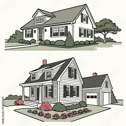 3 Pieces of Cape Cod style Houses designs, Cape Cod style Houses illustration art