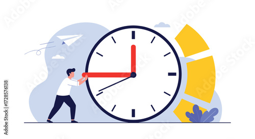 A person pushing the hour hand on a large clock.