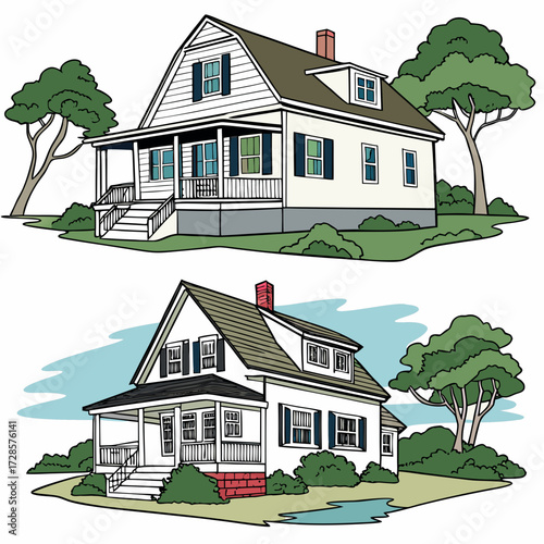3 Pieces of Cape Cod style Houses designs, Cape Cod style Houses illustration art