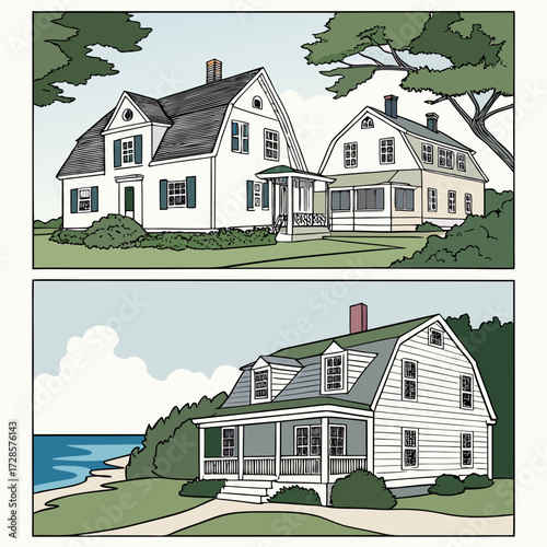 3 Pieces of Cape Cod style Houses designs, Cape Cod style Houses illustration art
