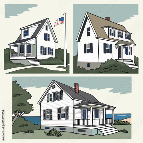 3 Pieces of Cape Cod style Houses designs, Cape Cod style Houses illustration art