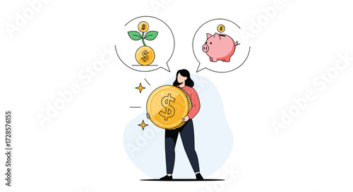 A person holds a large coin with thoughts about growing money and a piggy bank.