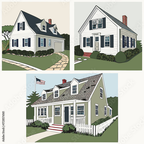 3 Pieces of Cape Cod style Houses designs, Cape Cod style Houses illustration art