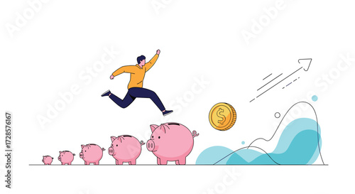 A man jumps over piggy banks towards financial growth and success.