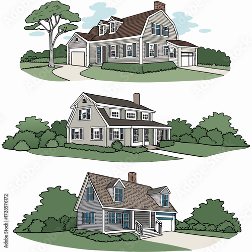 3 Pieces of Cape Cod style Houses designs, Cape Cod style Houses illustration art