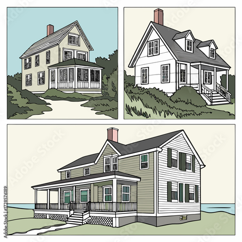 3 Pieces of Cape Cod style Houses designs, Cape Cod style Houses illustration art